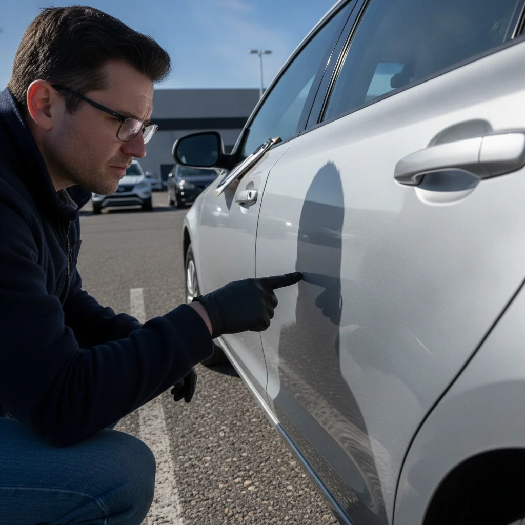 Person inspecting a dent and scratch on a used car door panel during a pre-sale condition assessment