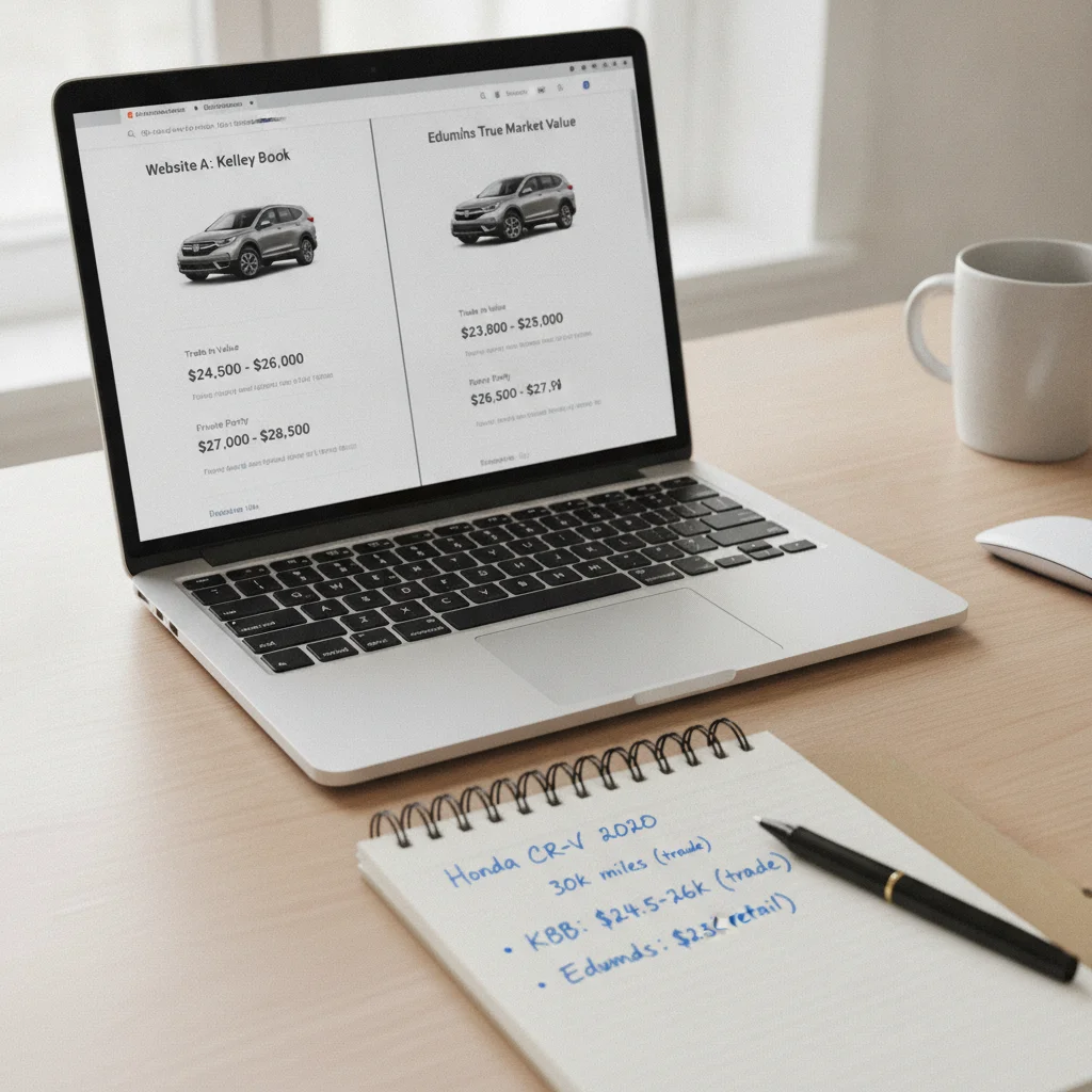 Laptop displaying two vehicle valuation websites side by side with a notepad for comparison notes