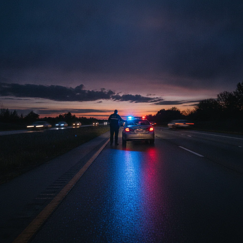 Police officer standing next to a stopped car on a highway at dusk with flashing lights