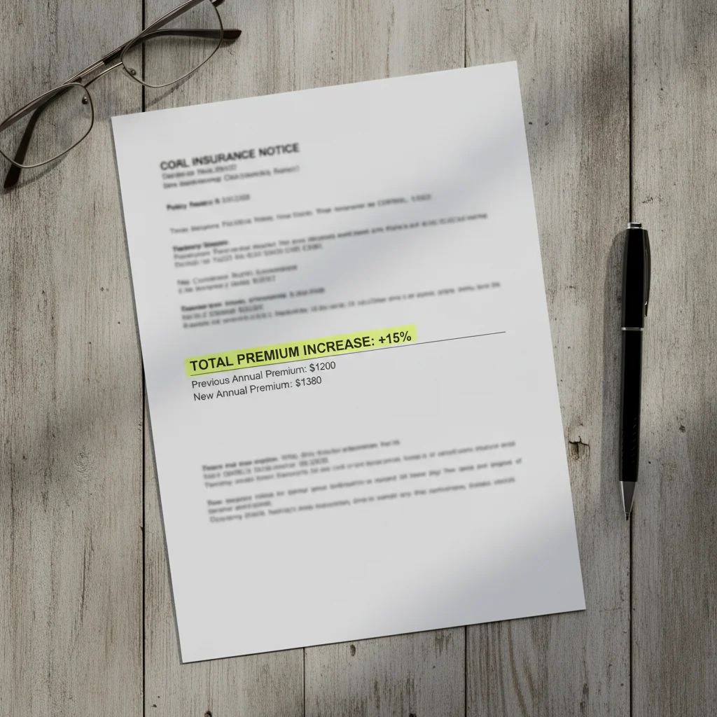 Car insurance renewal document showing a significant premium rate increase highlighted in yellow