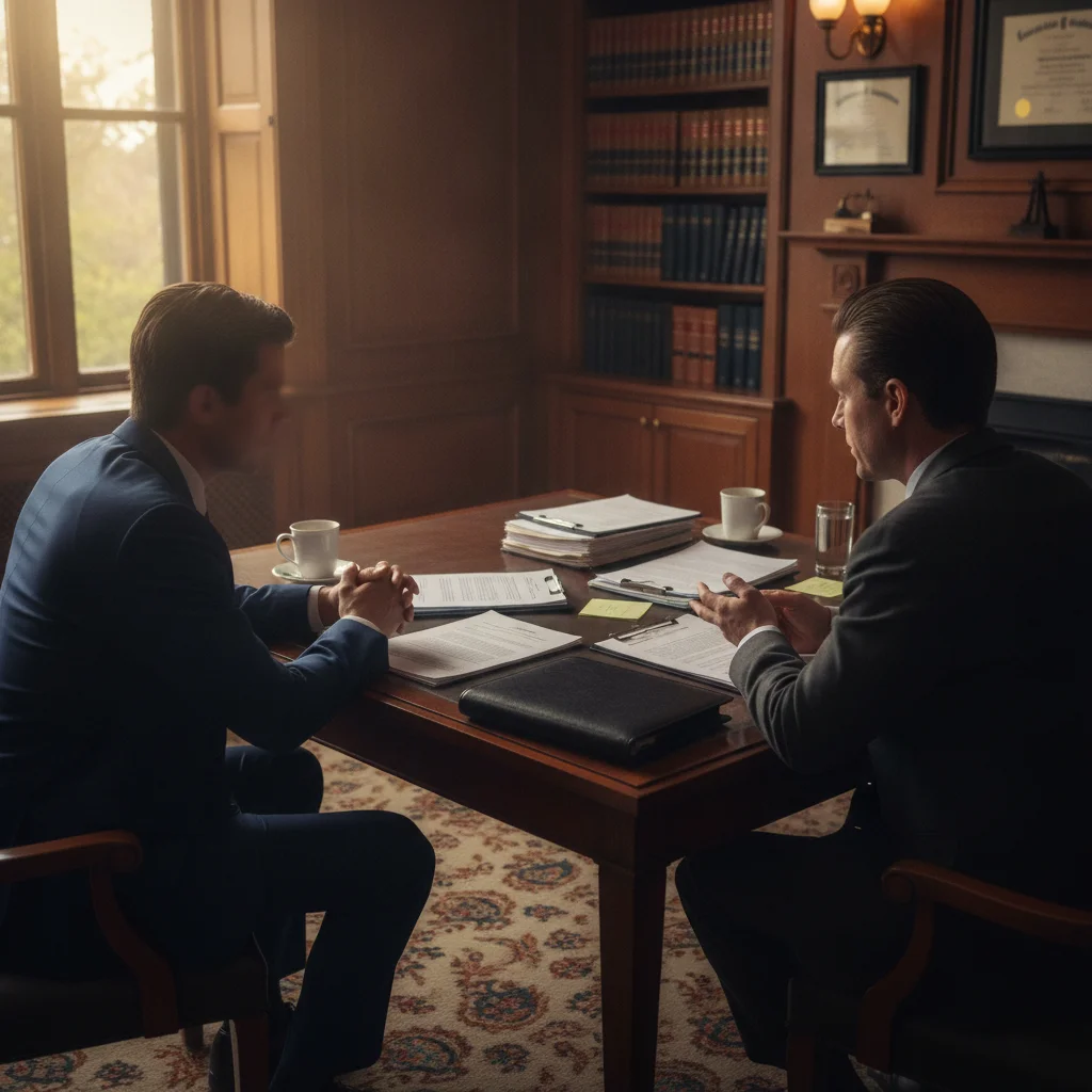 Person consulting a traffic attorney with legal documents spread across a desk in an office