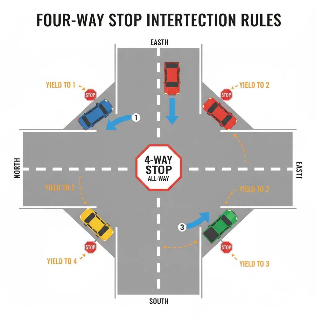 Overhead diagram of a four-way stop intersection showing cars and right-of-way order with directional arrows