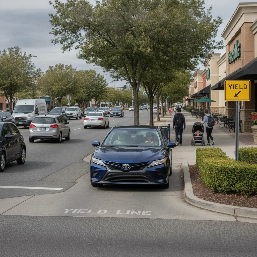 A car pausing at the exit of a parking lot before merging onto a busy suburban street with pedestrians nearby