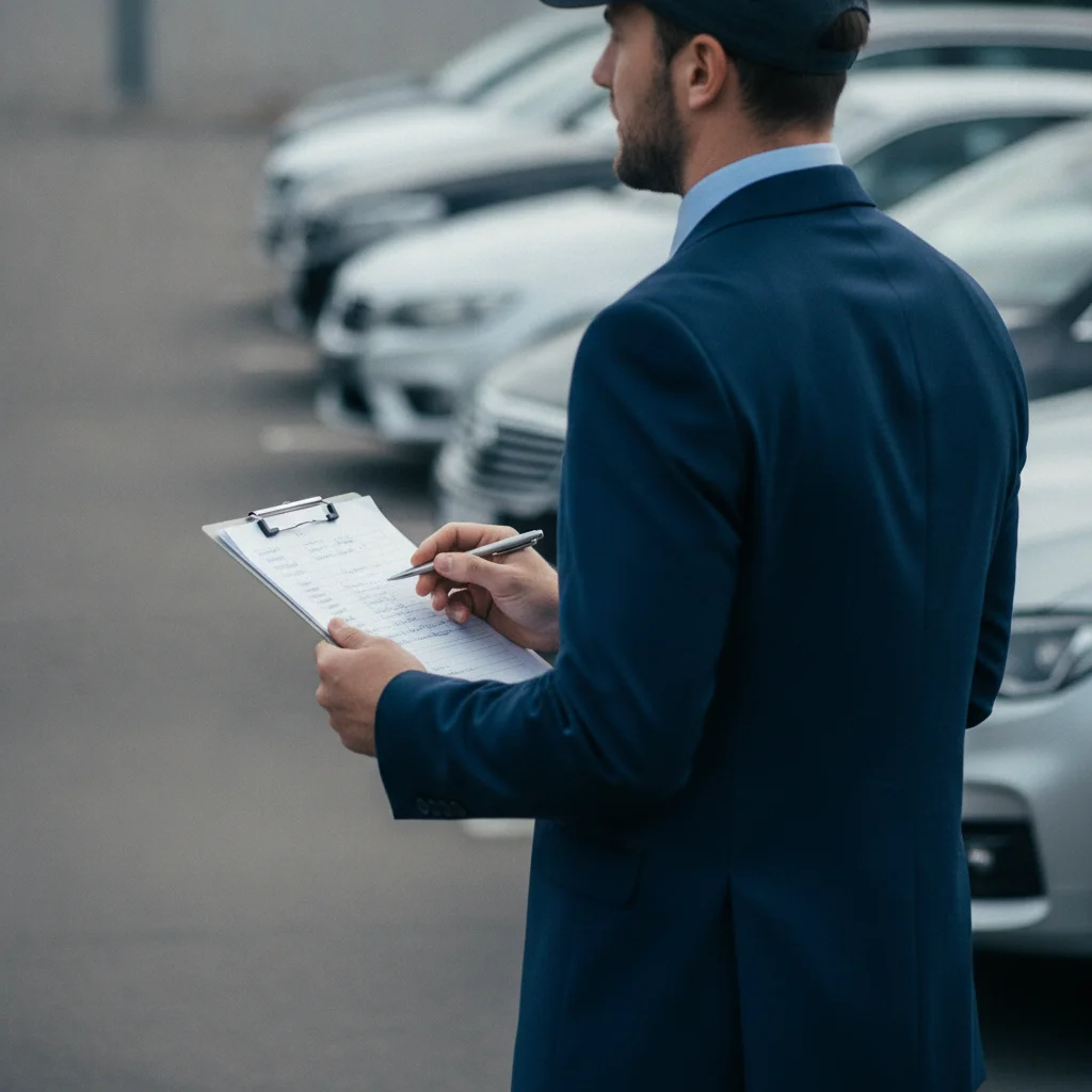 Car salesperson with clipboard observing vehicles on an outdoor dealership lot