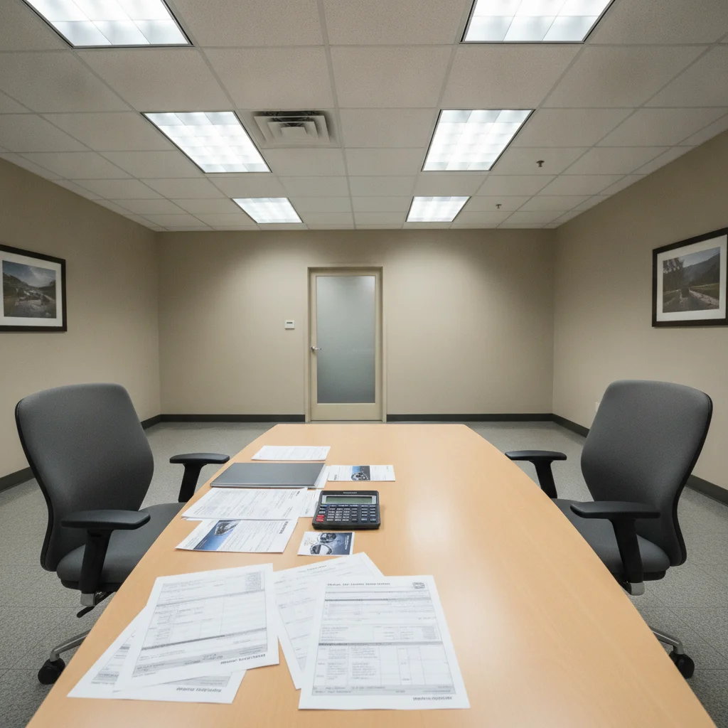 Empty car dealership negotiation desk with paperwork and calculator under fluorescent lighting