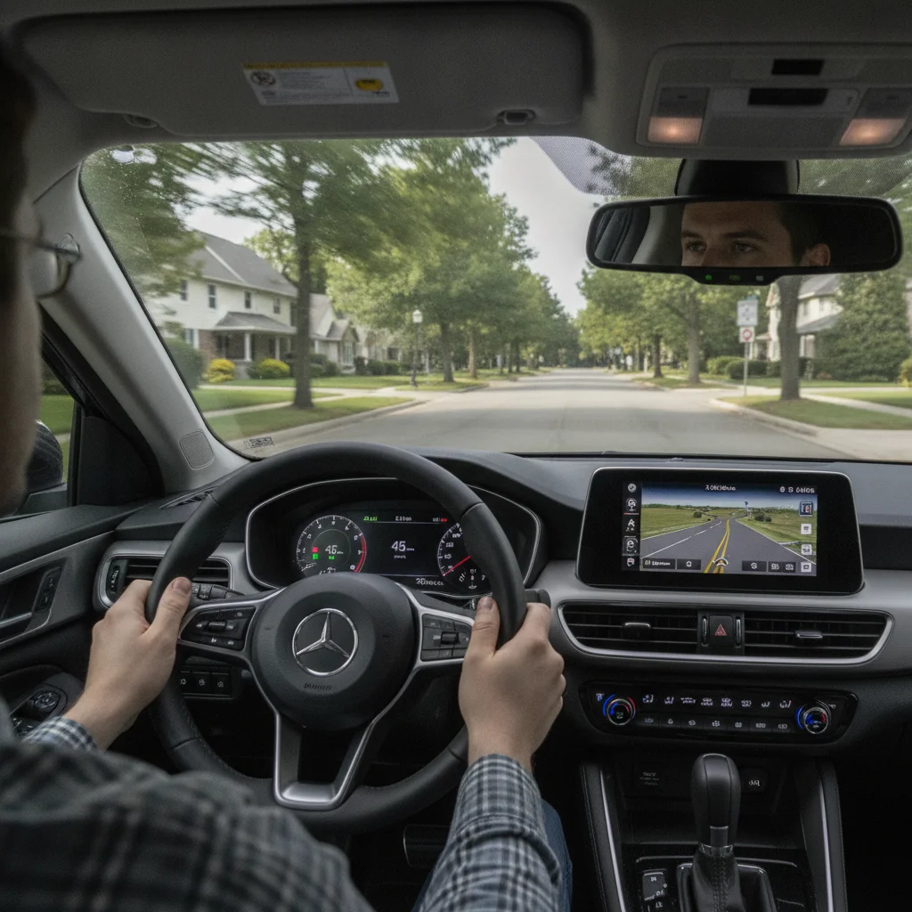 Driver's perspective inside a car during a test drive on a suburban road