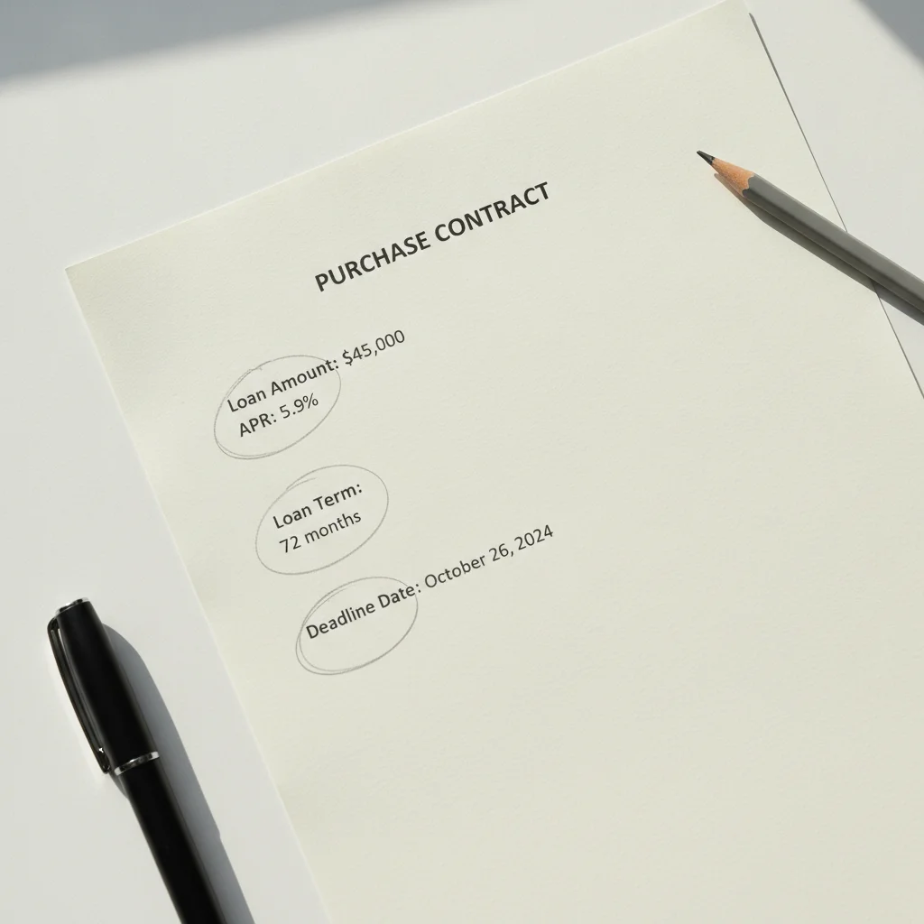Car purchase contract with four financing clause fields circled: loan amount, APR, term, and deadline