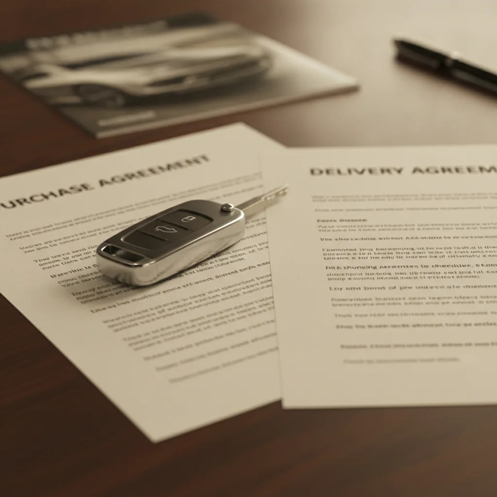 Car key next to two separate dealership contracts representing a purchase agreement and a spot delivery agreement
