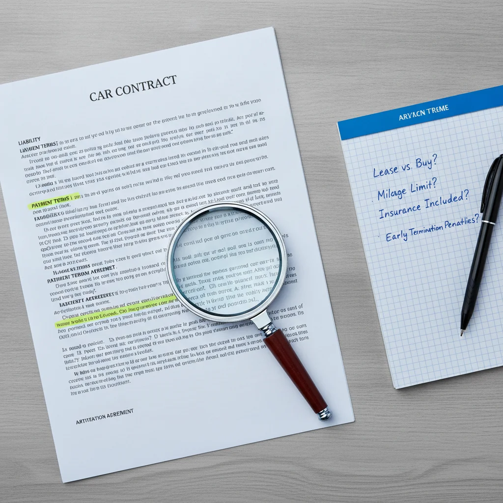 Car contract on desk with clauses highlighted and a magnifying glass emphasizing key legal language