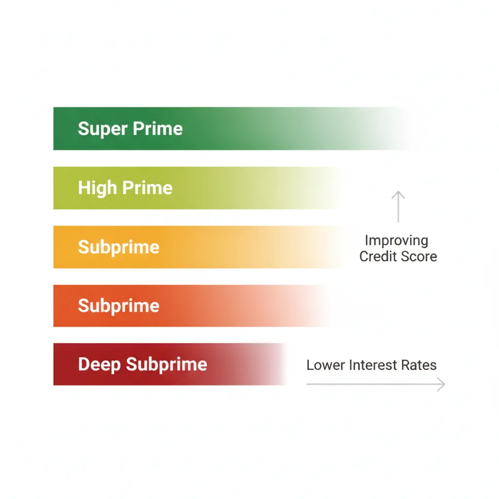 Credit tier chart showing five bands from deep subprime to super prime with color gradient