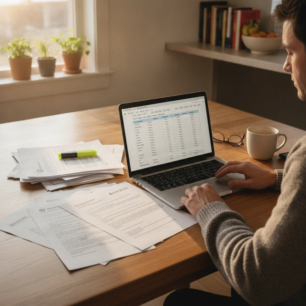 A borrower comparing multiple auto loan offers at a kitchen table with a laptop and printed documents