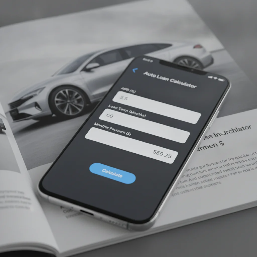 Smartphone showing auto loan calculator with APR and monthly payment fields on top of car brochure