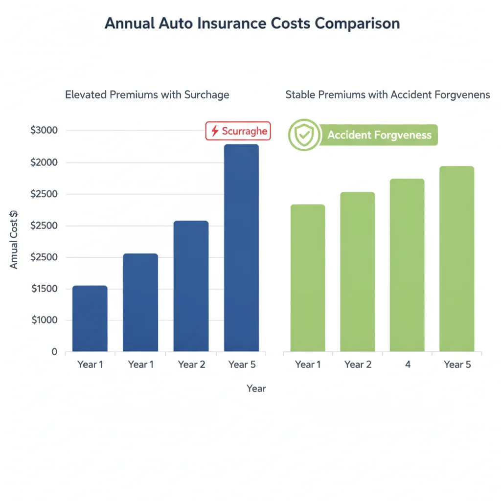 Bar chart comparing five-year insurance costs with and without accident forgiveness after an at-fault accident