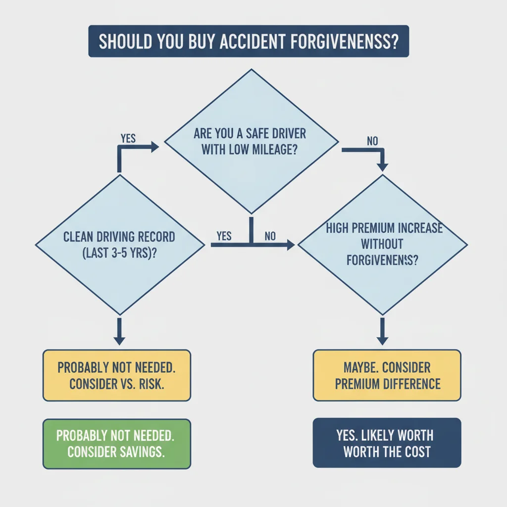 Decision flowchart helping drivers decide whether to purchase accident forgiveness based on driving profile