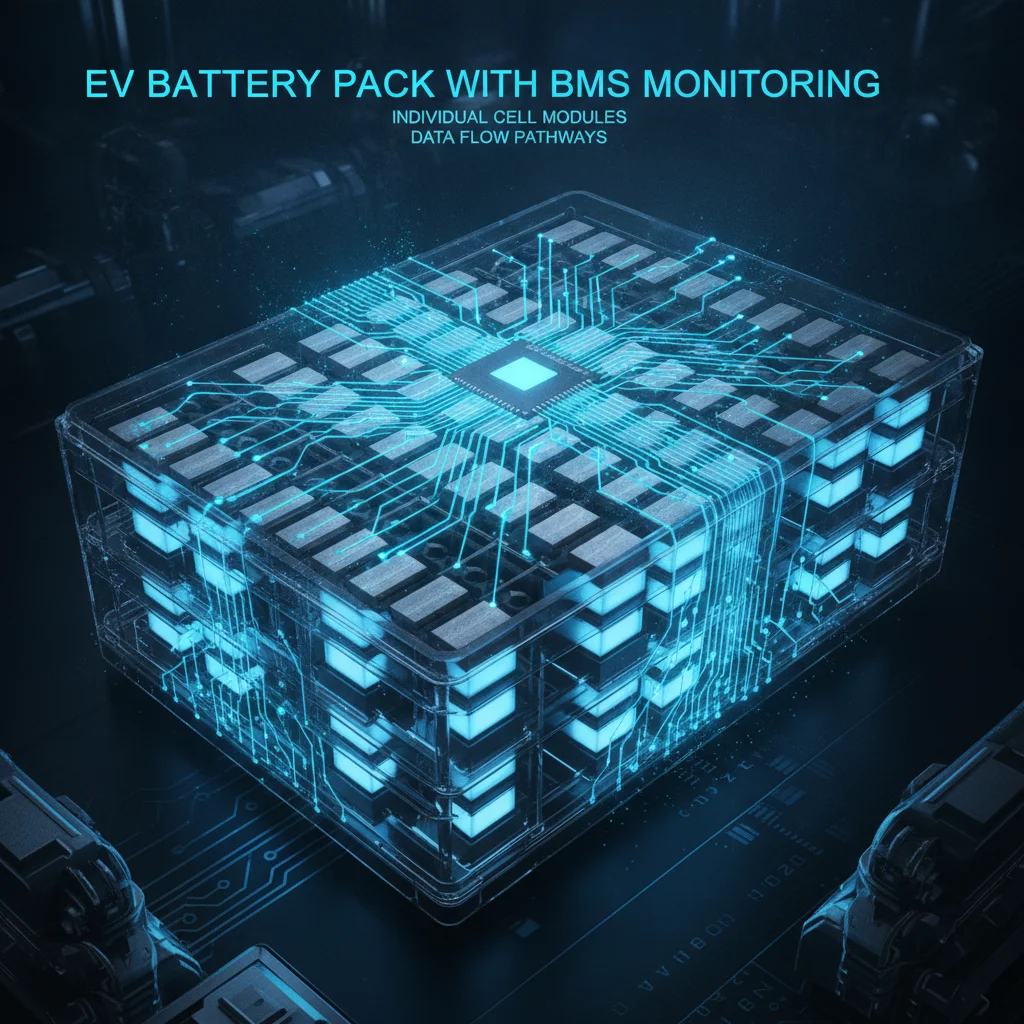 Illustration of EV battery pack modules with BMS data monitoring pathways shown as glowing circuit lines