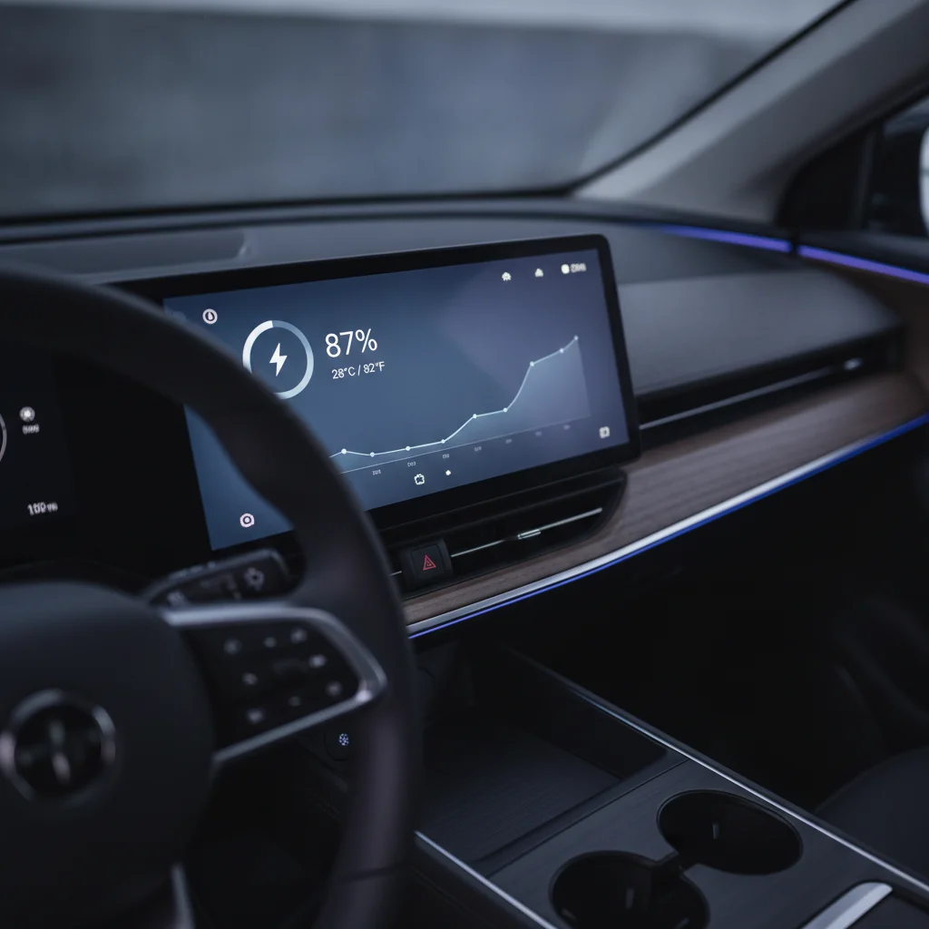 EV dashboard touchscreen displaying battery charge percentage, range estimate, and thermal status readout