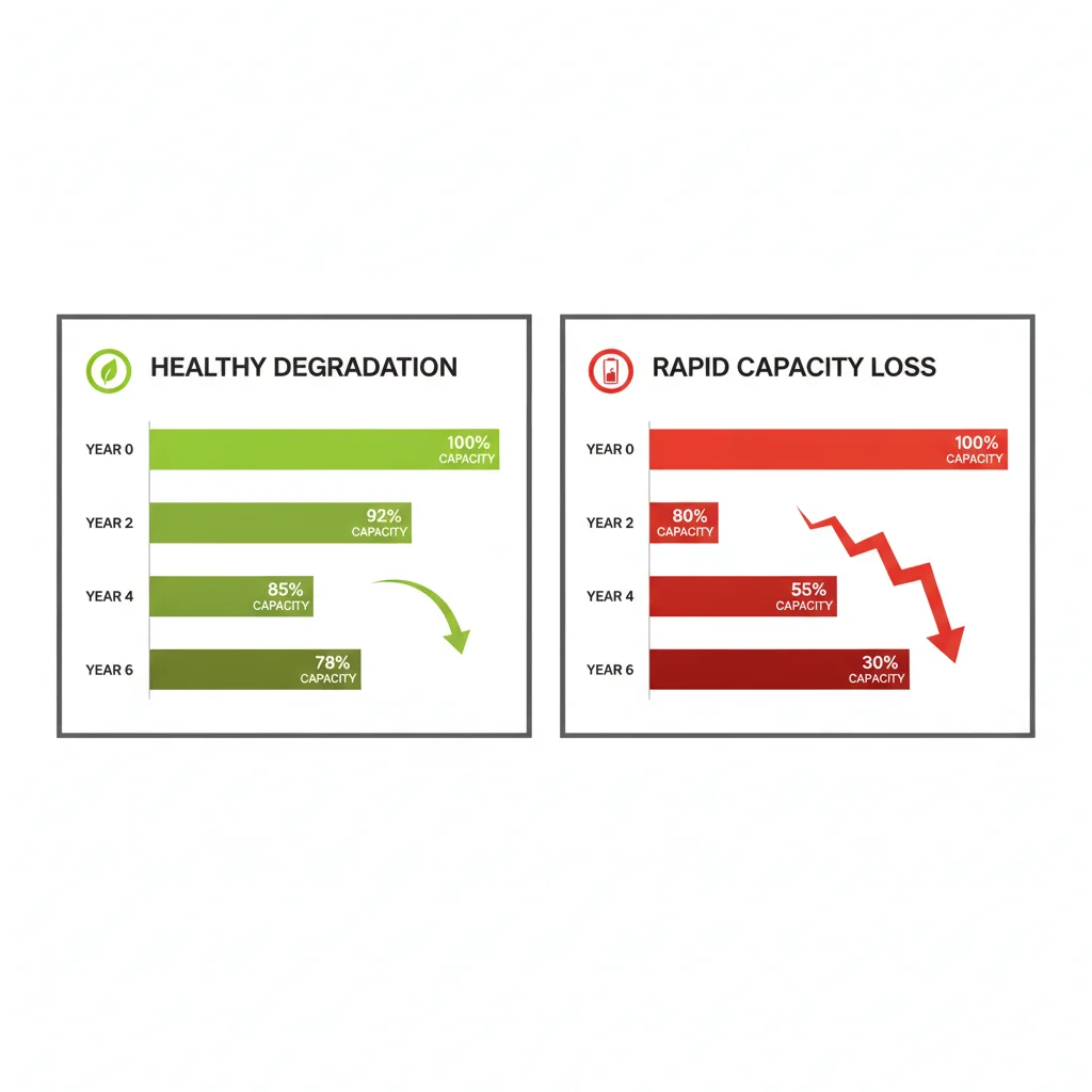 Infographic comparing healthy versus accelerated EV battery capacity degradation curves over time and mileage