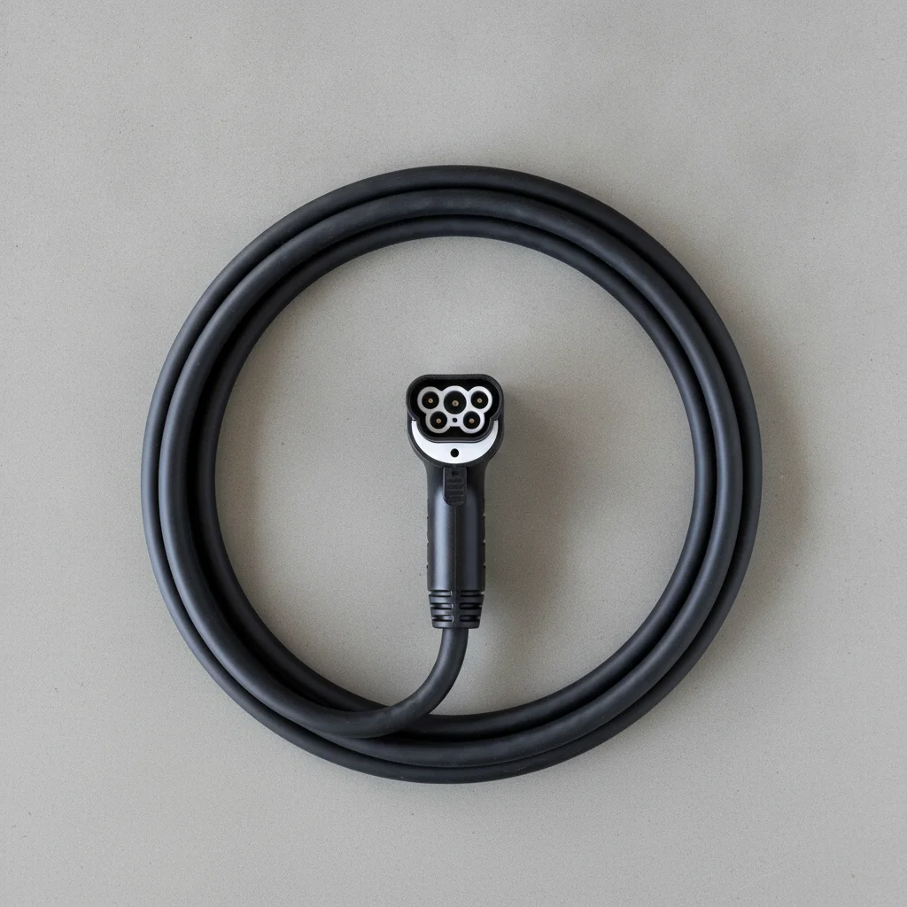 J1772 Level 2 EV charging cable with five-pin connector visible on a garage floor