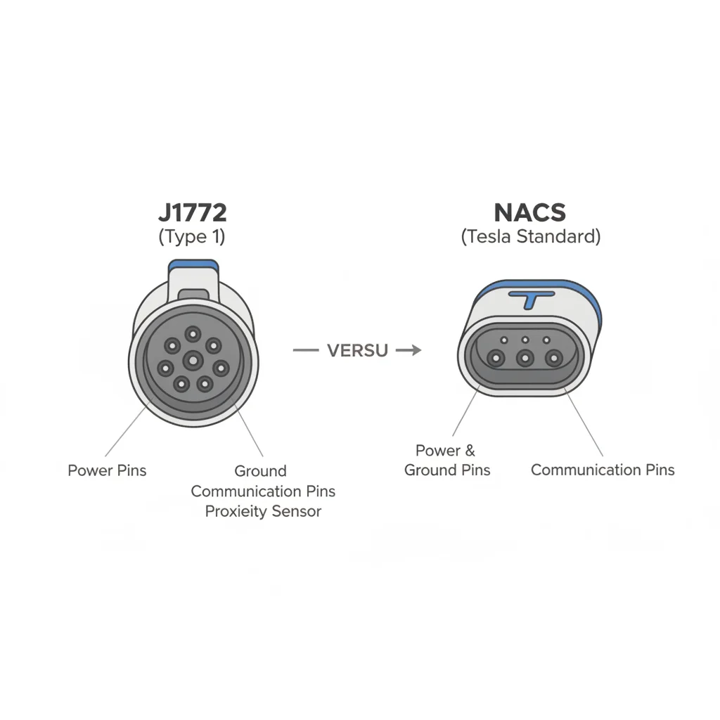 Side-by-side comparison of J1772 and NACS EV charging connectors showing shape differences