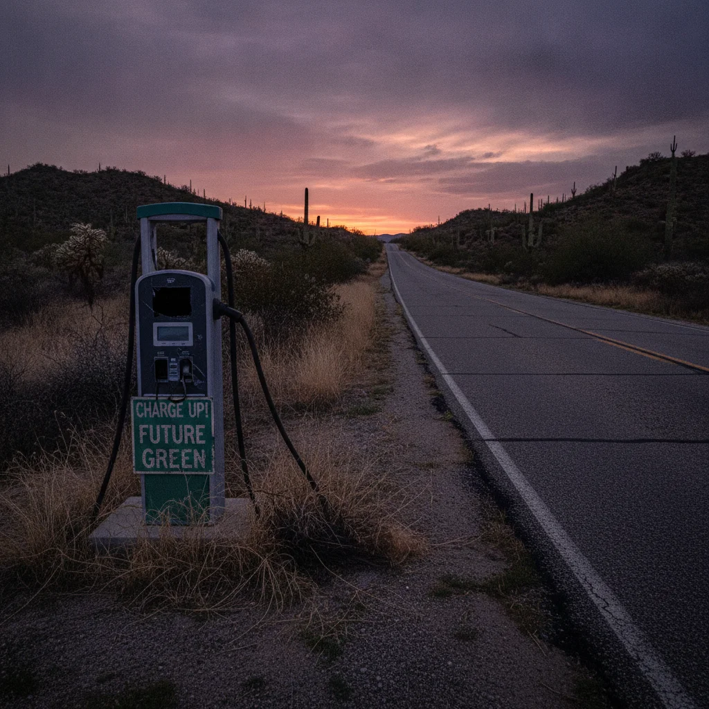 A broken public EV charging station on a rural US highway at dusk illustrating charging infrastructure gaps