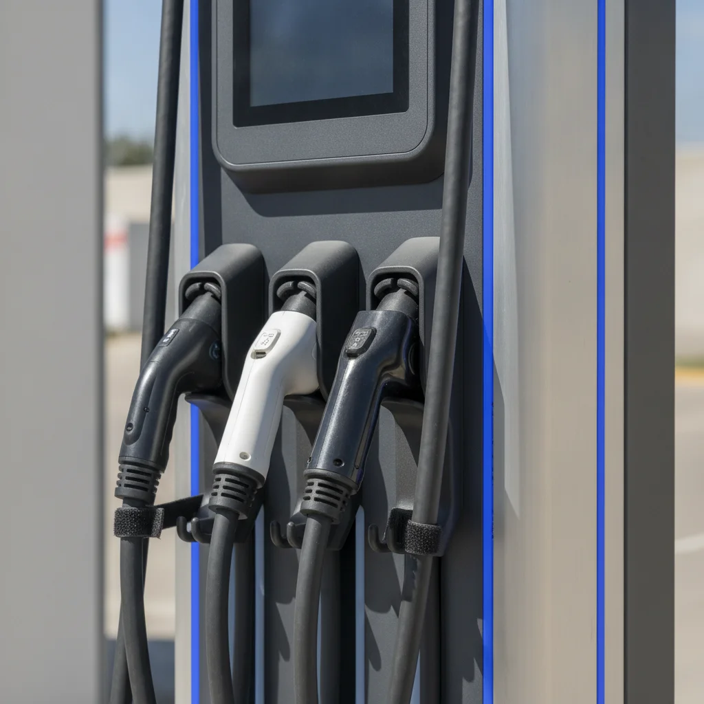 CCS and NACS EV charging connectors on a modern DC fast charger pedestal in bright daylight