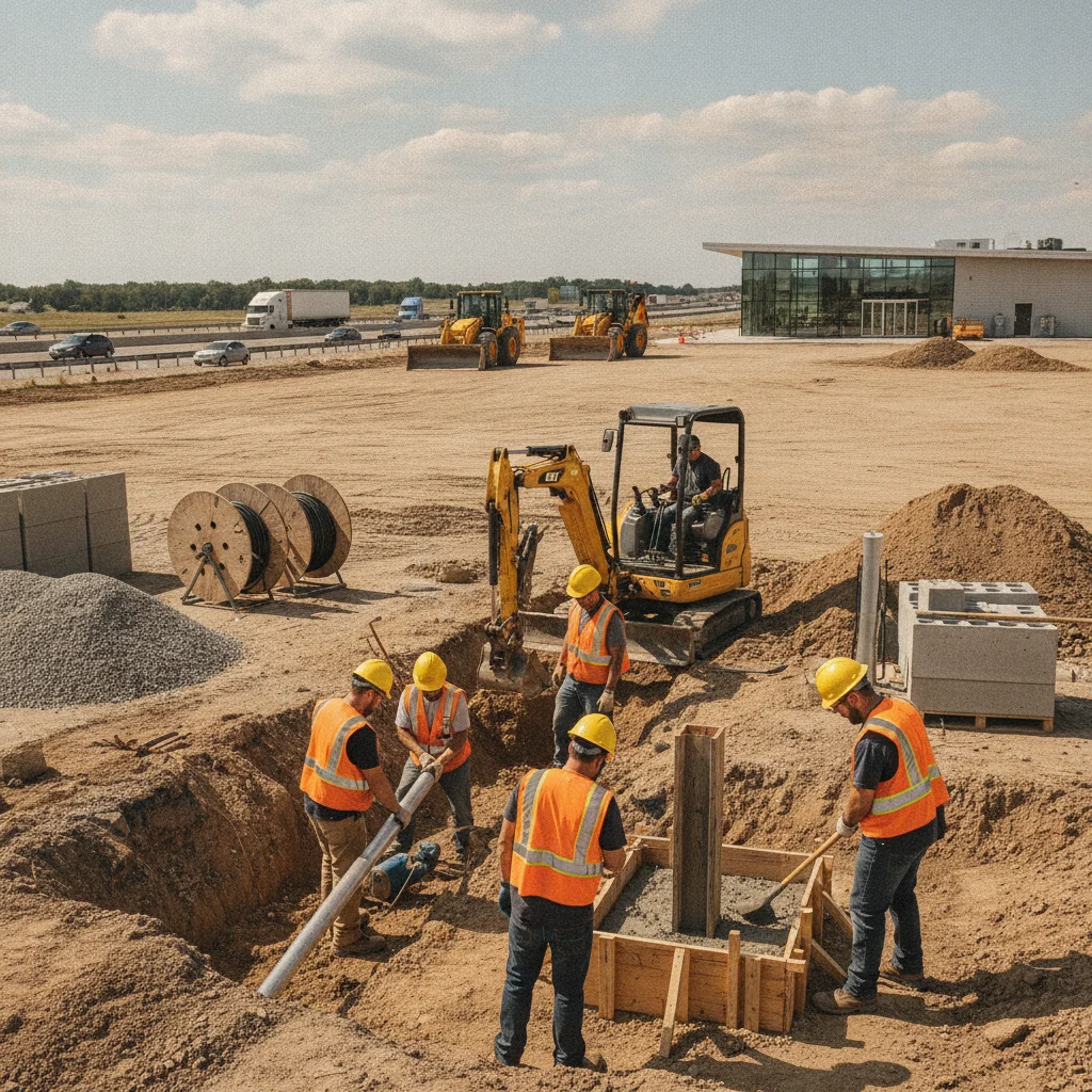 Construction workers installing electrical infrastructure for a new public EV charging station at a highway rest area