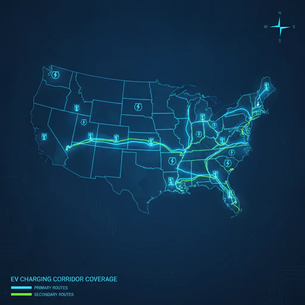Illustrated map of continental US interstate highways highlighted as EV charging corridors in blue and green