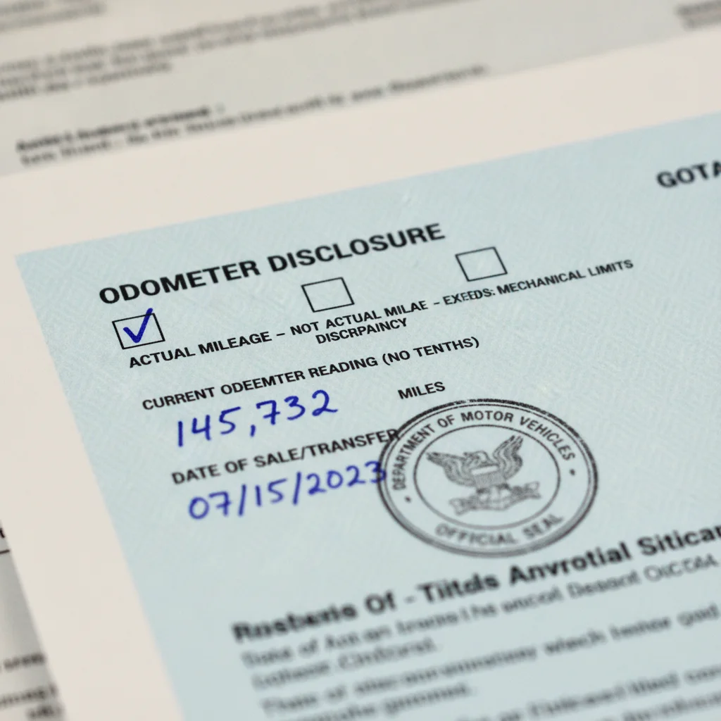Close-up of a vehicle title showing the odometer disclosure checkboxes and mileage entry field