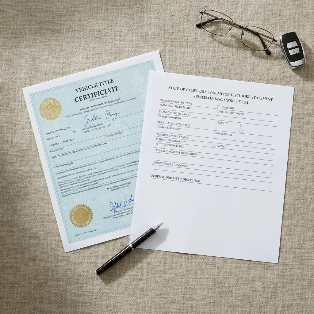 A vehicle title and a separate odometer disclosure form laid flat side by side on a table
