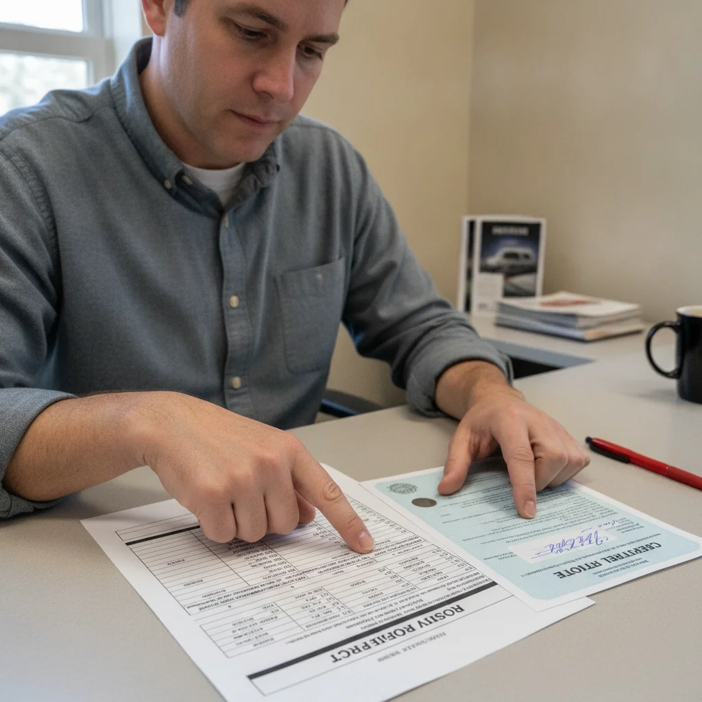 A person comparing a vehicle history report to a signed vehicle title to verify odometer mileage disclosures
