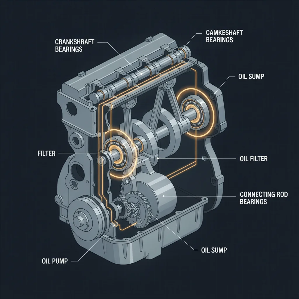Cutaway illustration of an engine showing oil circulation pathways through bearings and the oil pump