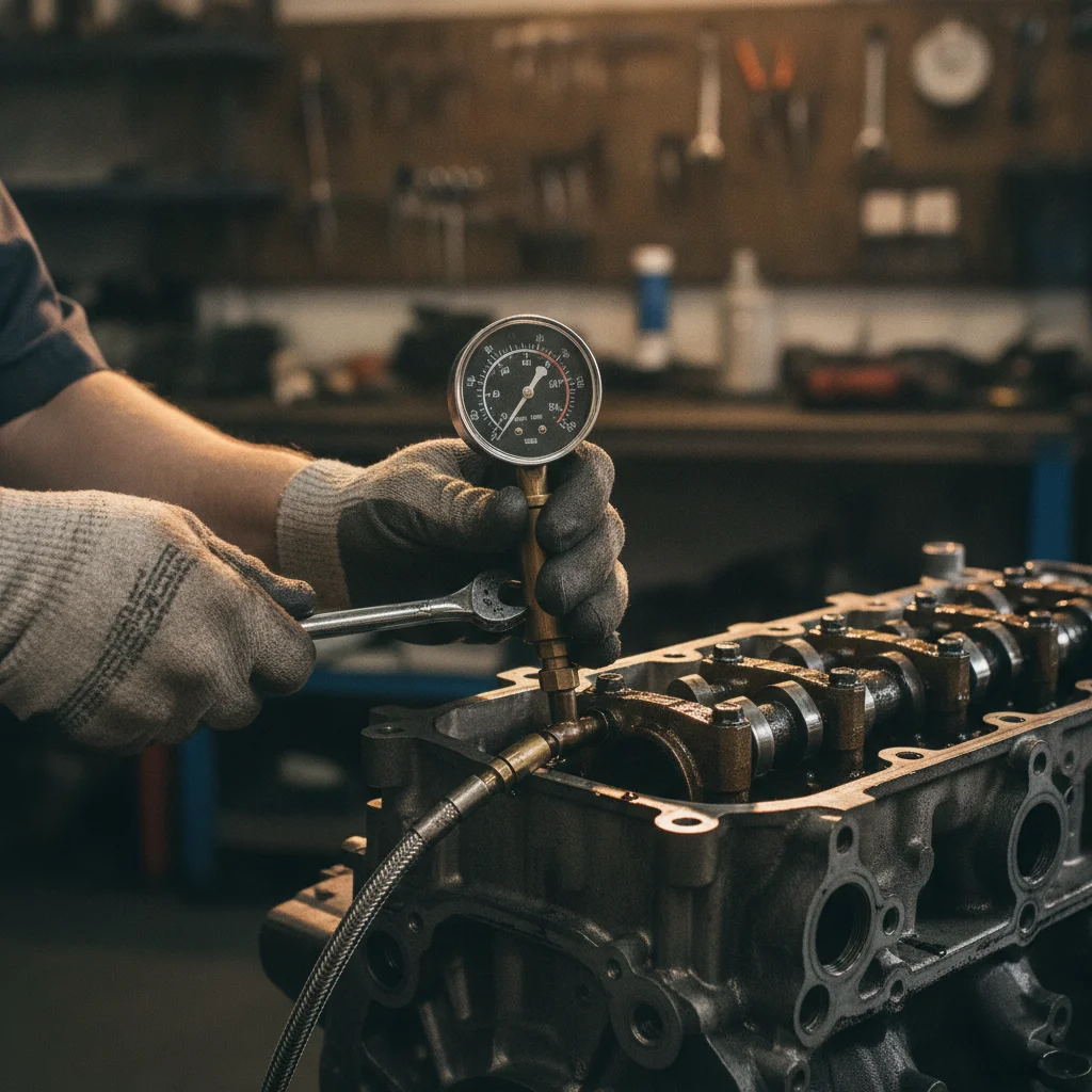 Mechanic connecting a mechanical oil pressure test gauge to a car engine block in a workshop