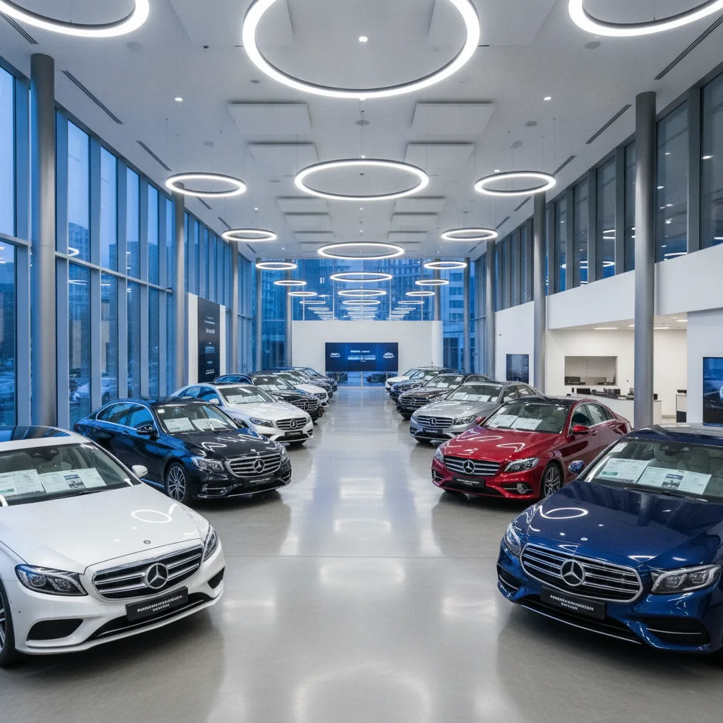 New car dealership showroom with multiple vehicles displaying window sticker prices