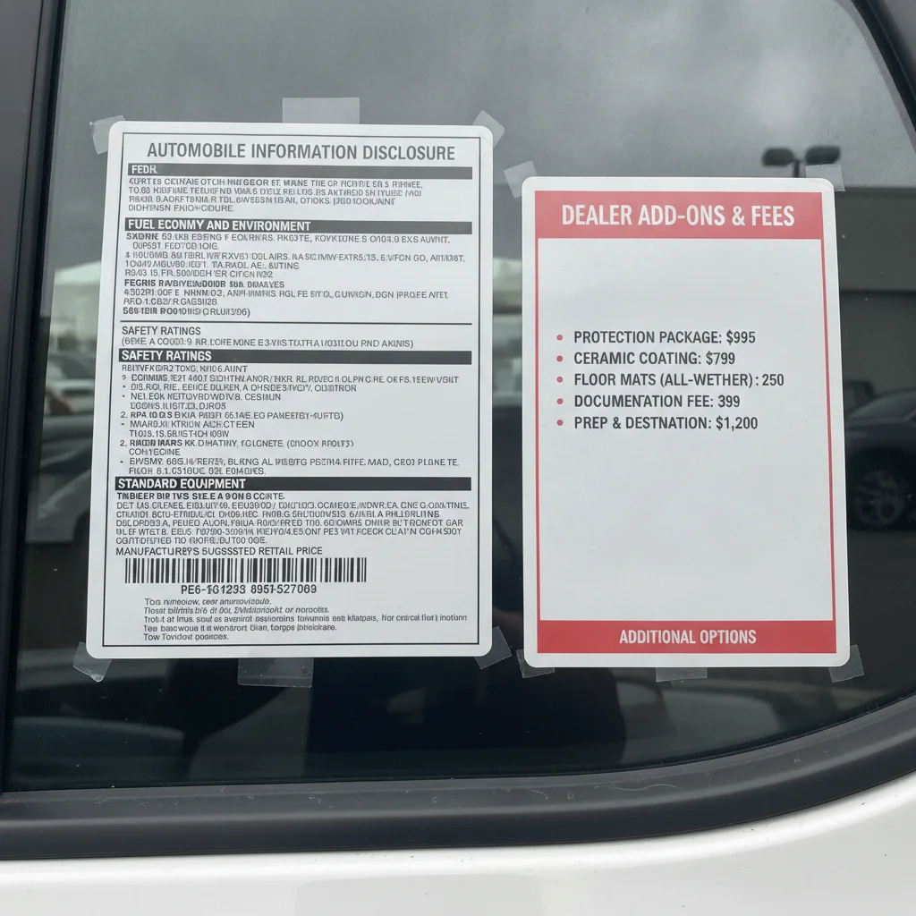 Two window stickers on a new car showing the Monroney label and a supplemental dealer add-on sticker