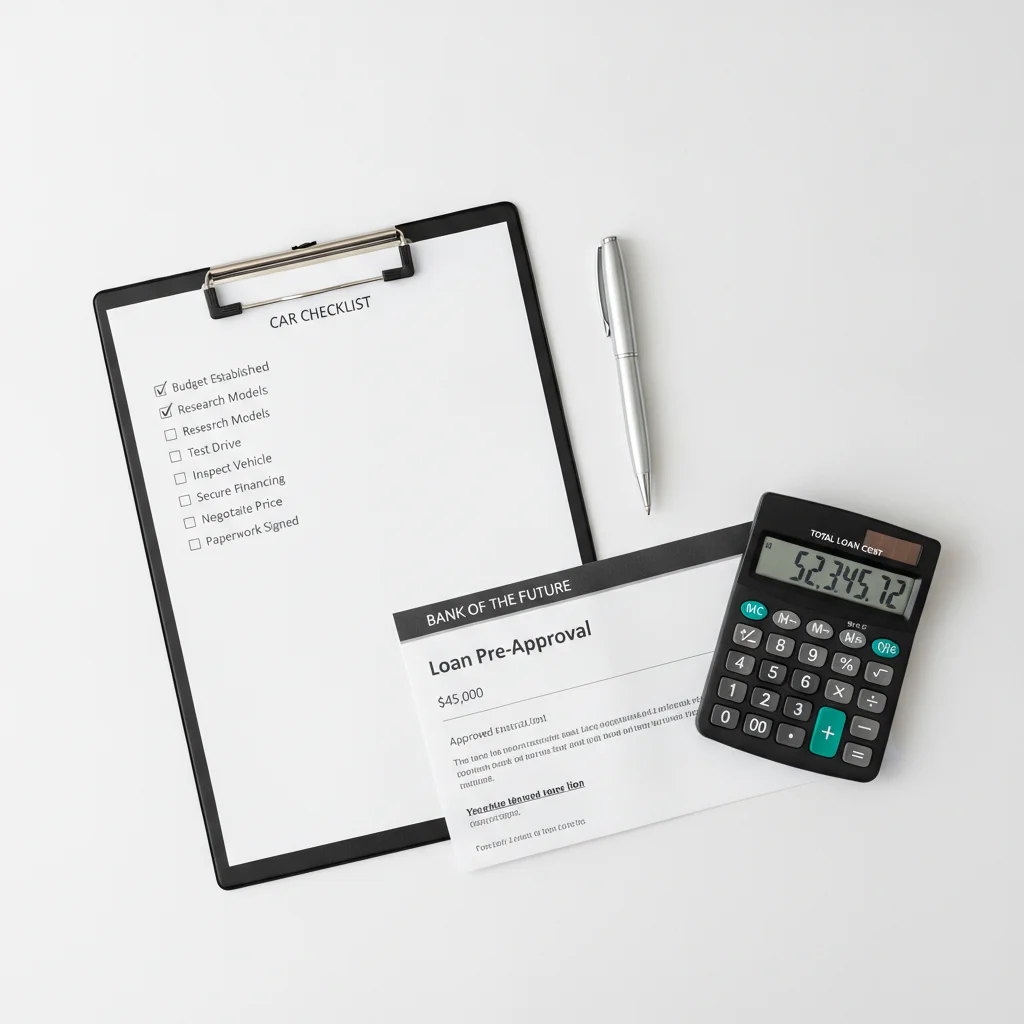 Car buying checklist clipboard next to loan pre-approval letter and calculator on white desk