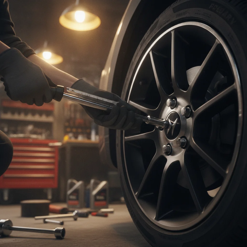 Mechanic using a click-type torque wrench to tighten a lug nut on a car wheel