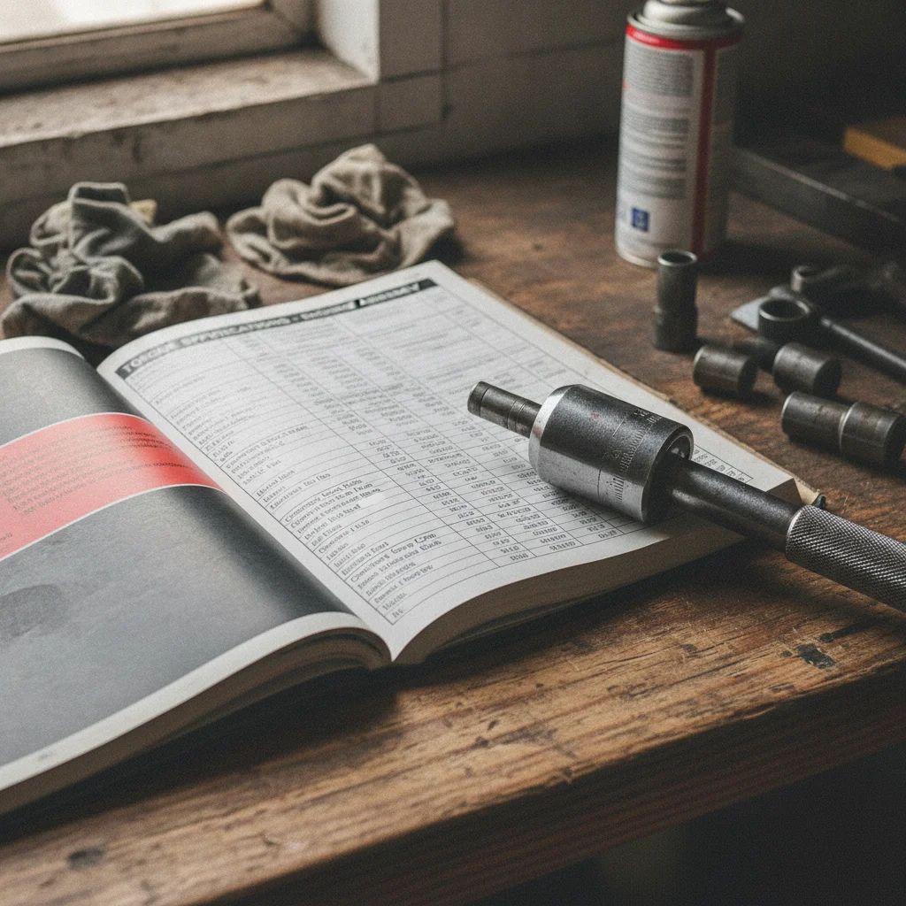 Vehicle service manual open to a torque specification chart next to a torque wrench on a workbench