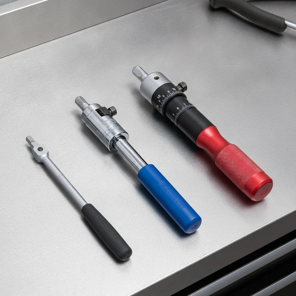 Three torque wrenches of different drive sizes laid out side by side on a workbench