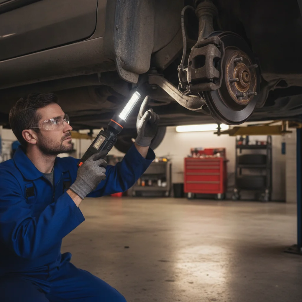 Mechanic inspecting the undercarriage and brake components of a used car with a flashlight