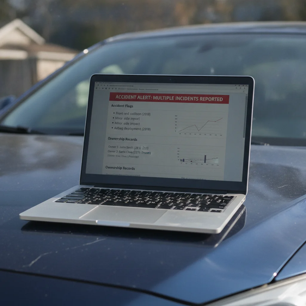 A vehicle history report open on a laptop, showing accident history and ownership records