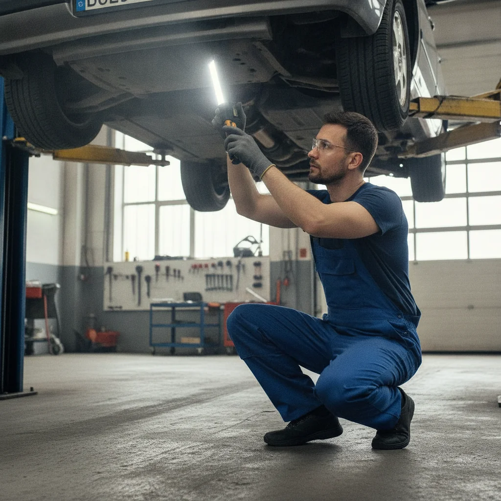 A mechanic inspecting the undercarriage and frame rails of a used vehicle on a lift