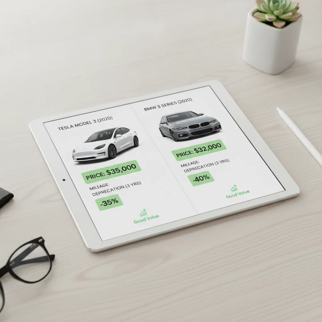A tablet displaying two used car listings side by side with depreciation and pricing data compared