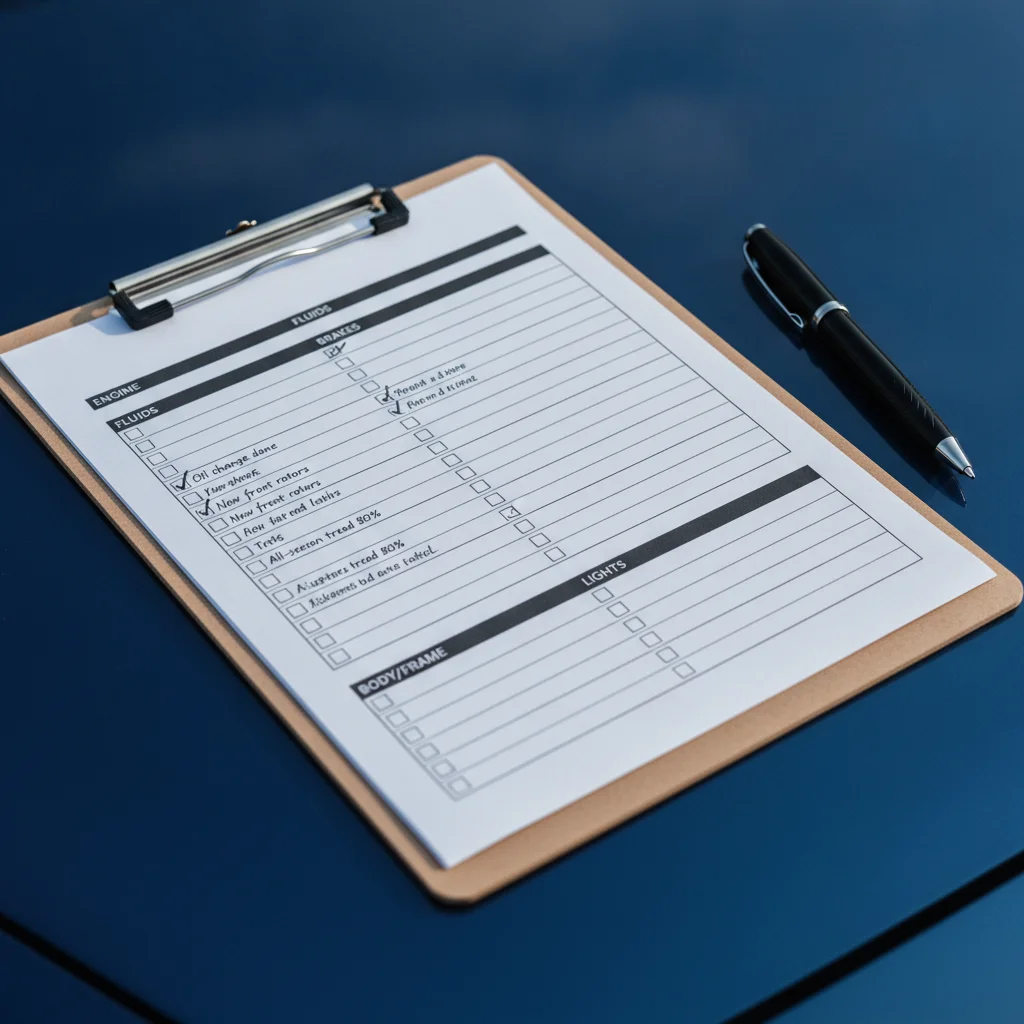 Vehicle disclosure checklist on a clipboard placed on a car hood in natural light