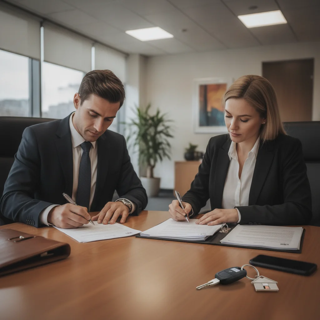 Seller and buyer signing a car sale disclosure document with keys on the table