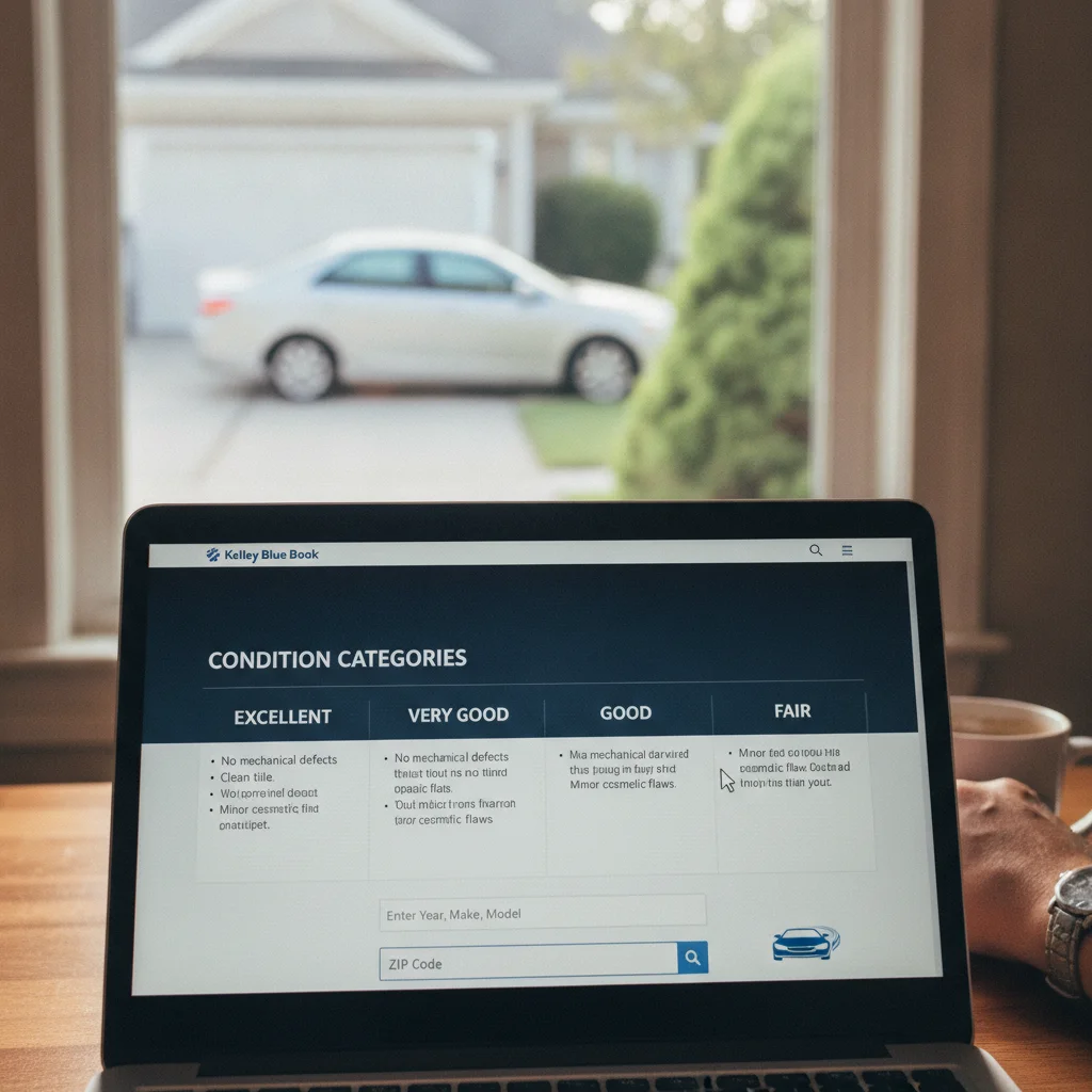 Laptop showing used car valuation tool with condition categories and a car visible outside