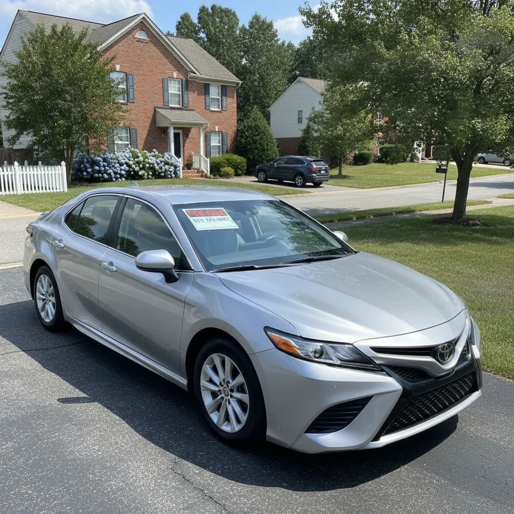 Clean used car with a for-sale sign parked in a residential driveway on a sunny day