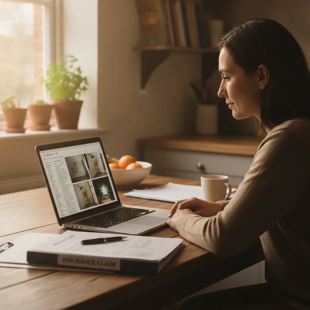 Person reviewing insurance claim documents and vehicle damage photos at home desk