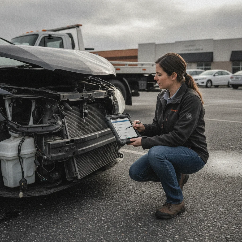 Insurance adjuster examining front-end damage on a vehicle with a digital tablet