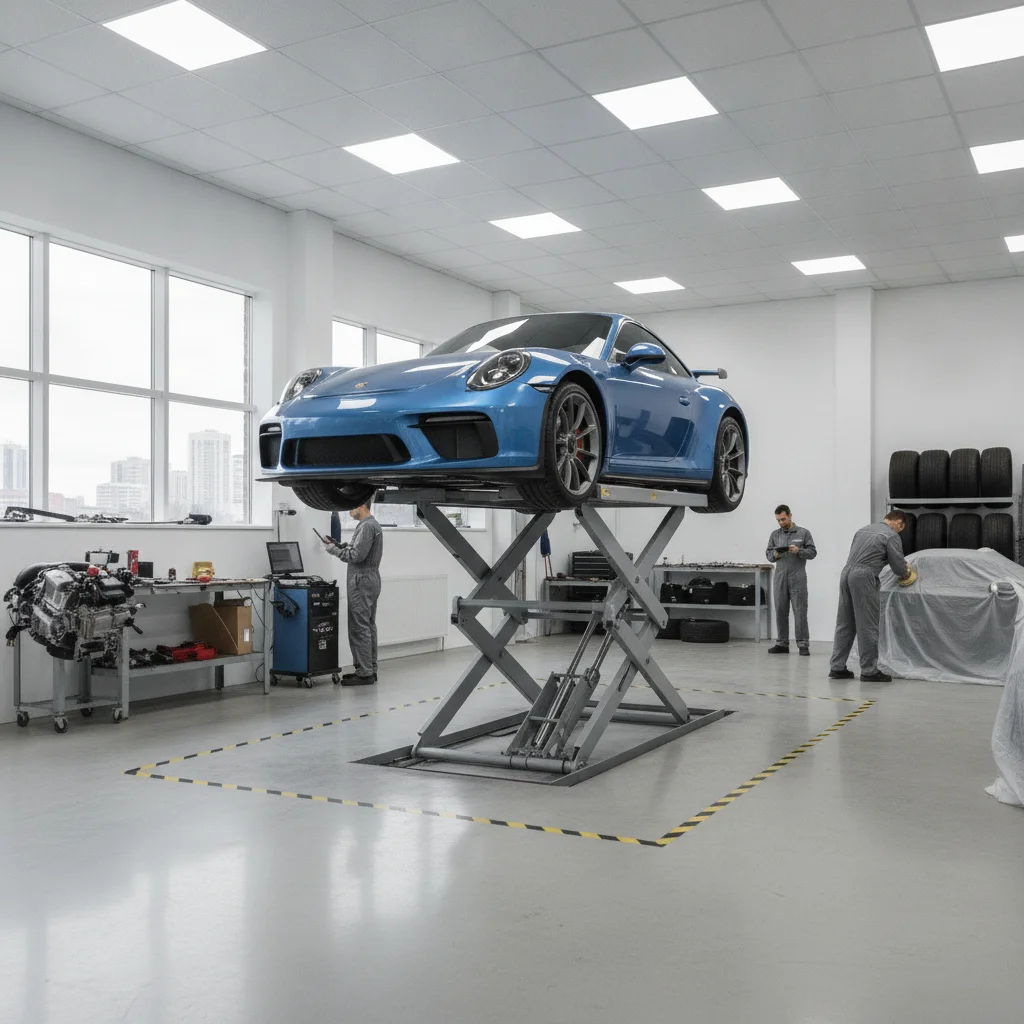 Car elevated on a lift inside an auto body repair shop with technicians working