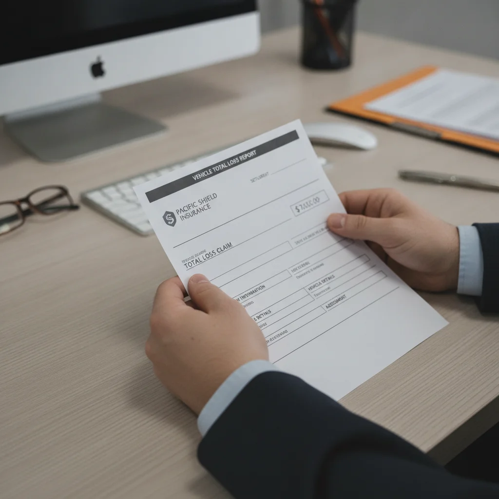 Hands holding an insurance settlement check next to a total loss vehicle valuation report